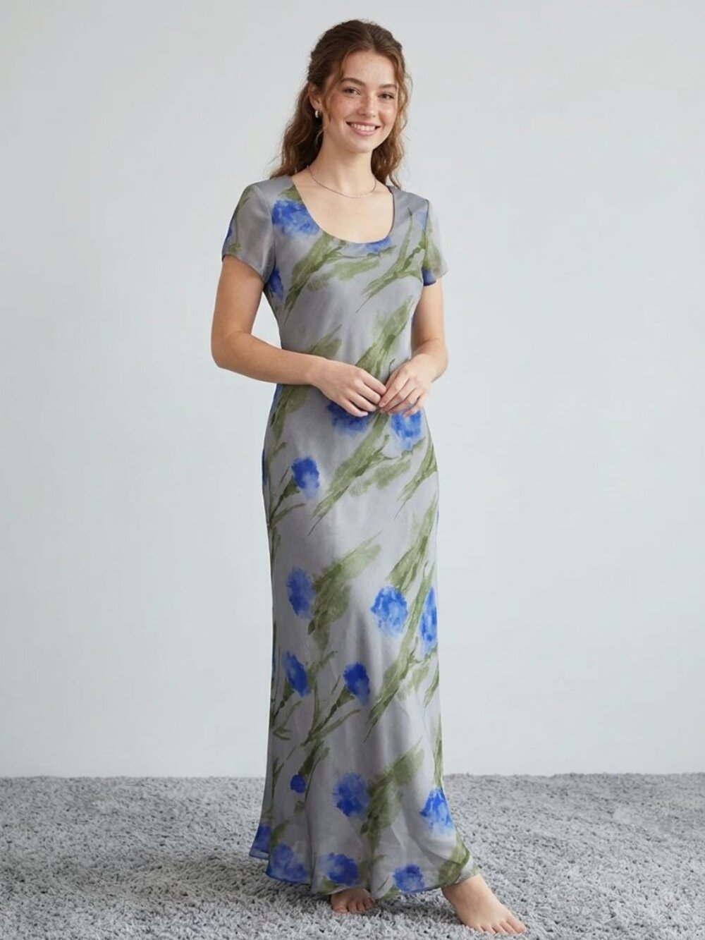 Vintage Jessica Howard Cottagecore Floral Maxi Dress Gray Blue Flowy 90s 80s